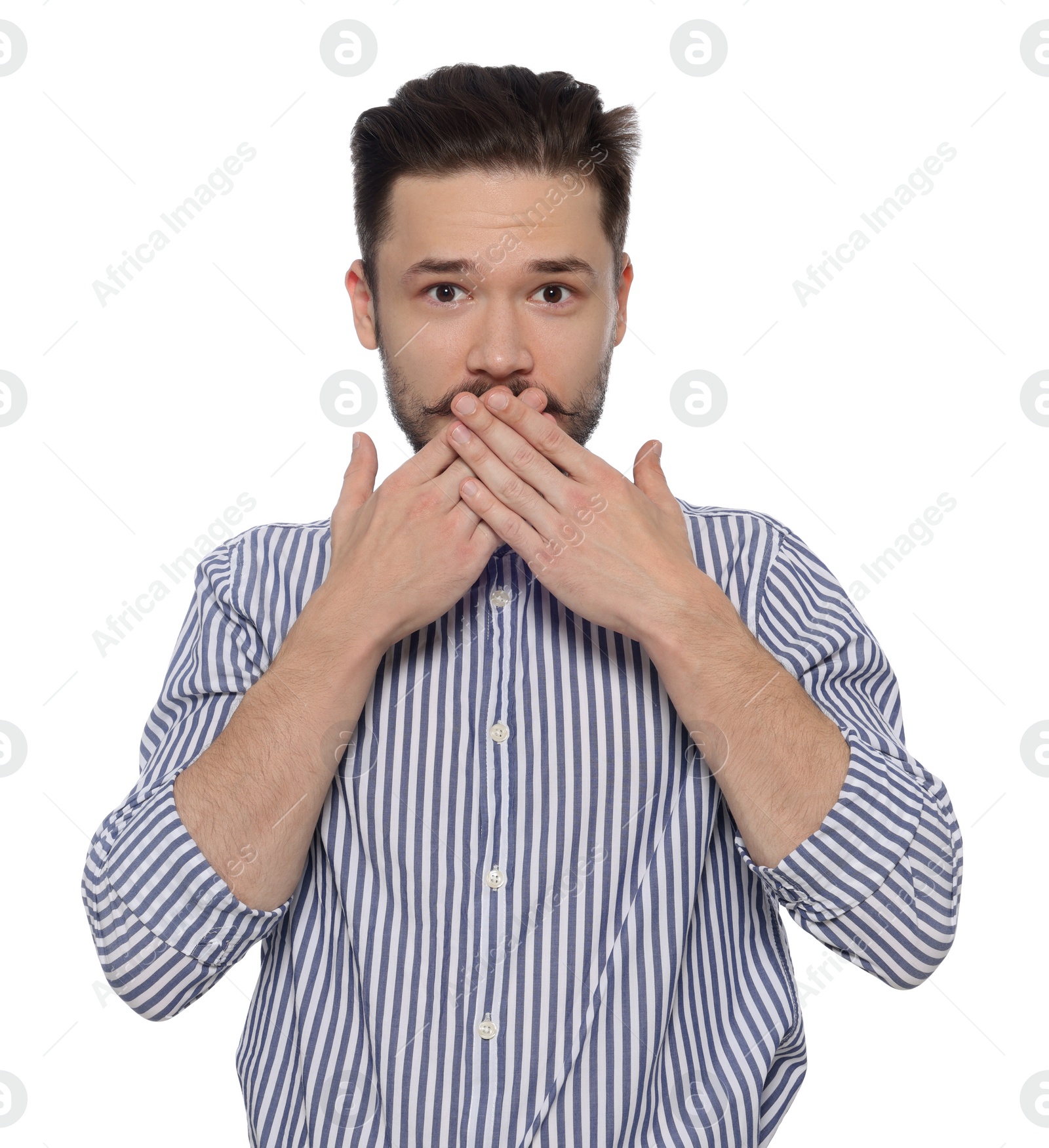 Photo of Embarrassed man covering mouth with hands on white background