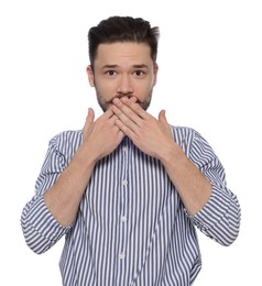 Photo of Embarrassed man covering mouth with hands on white background