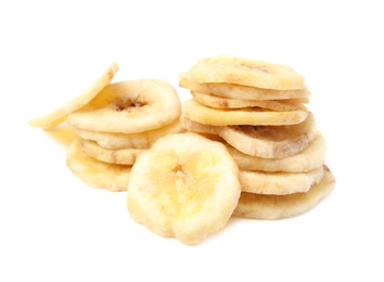 Photo of Heap of sweet banana slices on white background. Dried fruit as healthy snack