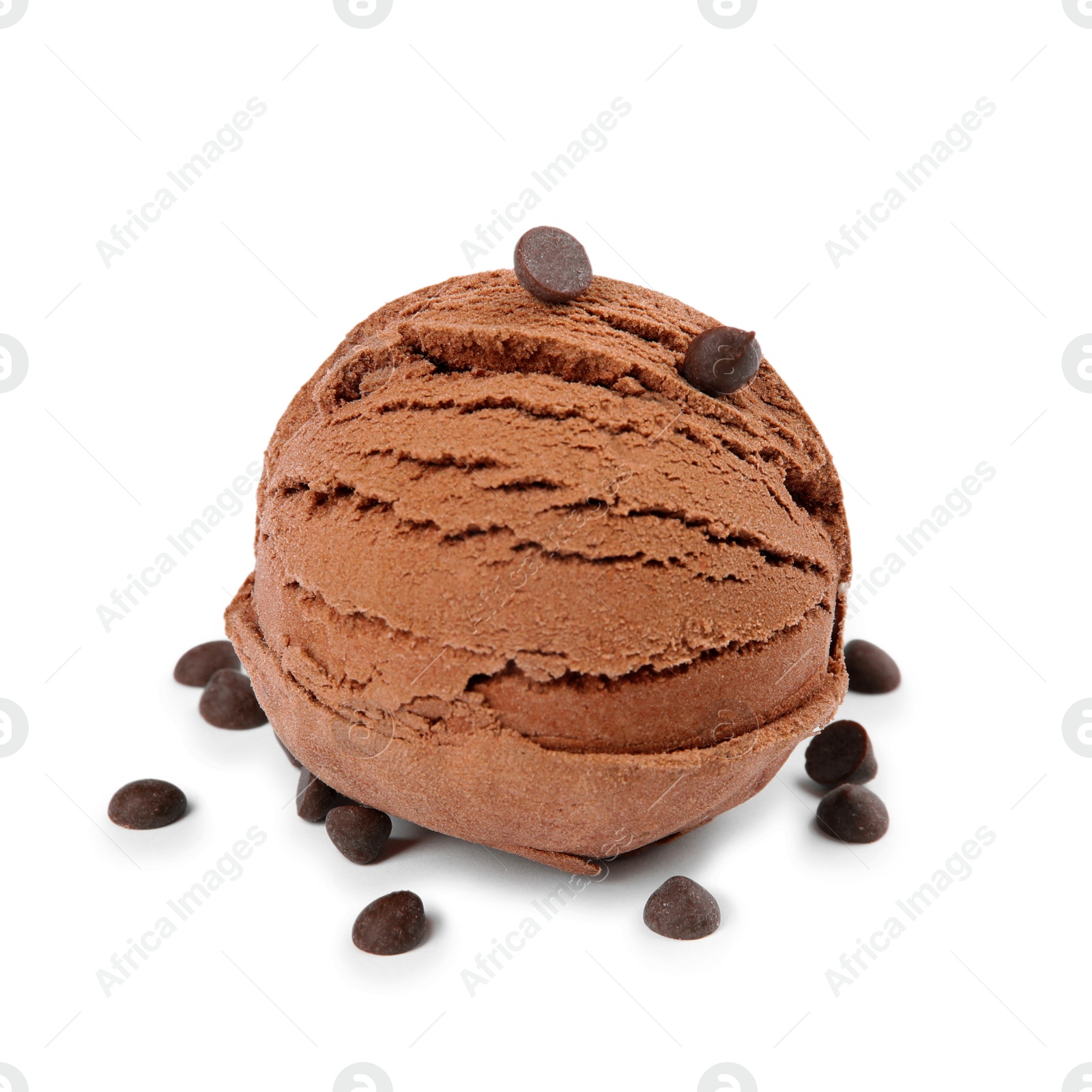 Photo of Scoop of ice cream and chocolate chips isolated on white