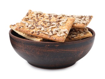 Photo of Cereal crackers with flax, sunflower and sesame seeds in bowl isolated on white