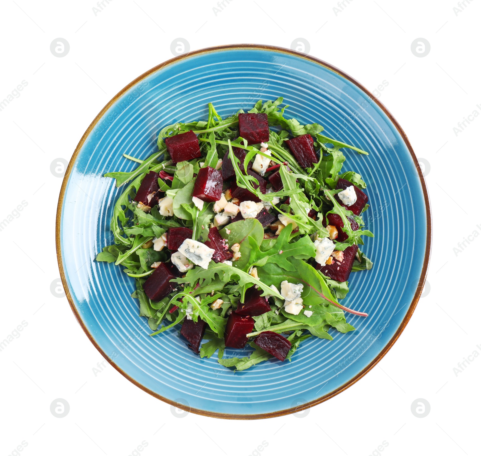 Photo of Fresh delicious beet salad isolated on white, top view