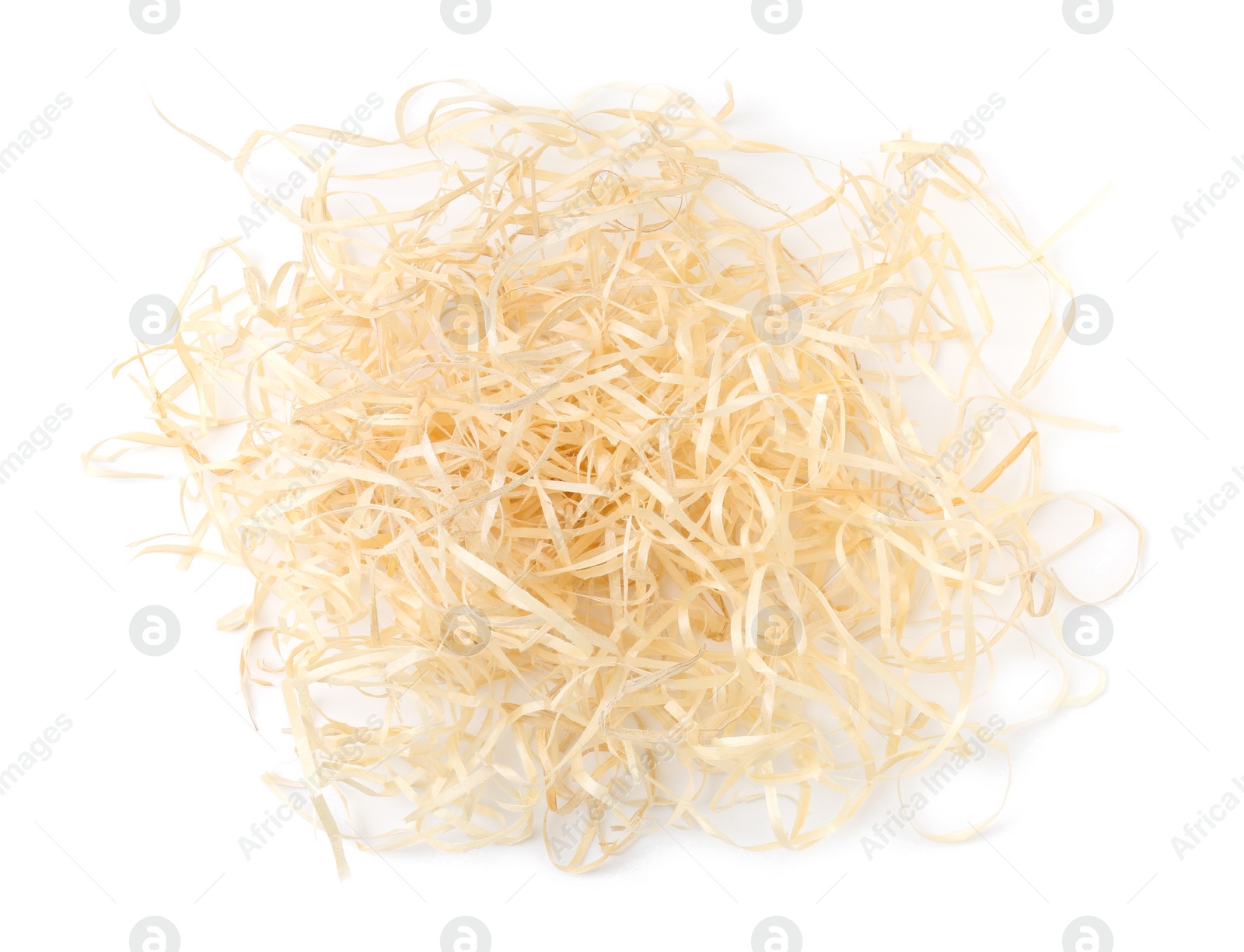 Photo of Pile of wood shavings isolated on white, top view