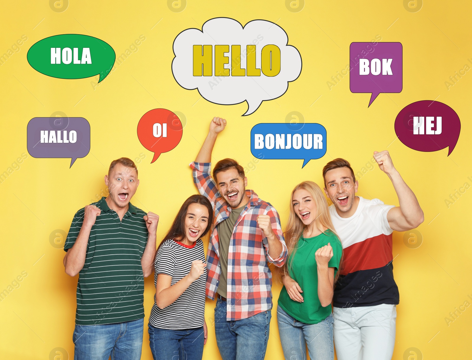 Image of Happy people and illustration of speech bubbles with word Hello written in different languages on yellow background