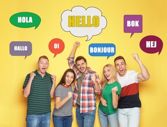 Happy people and illustration of speech bubbles with word Hello written in different languages on yellow background