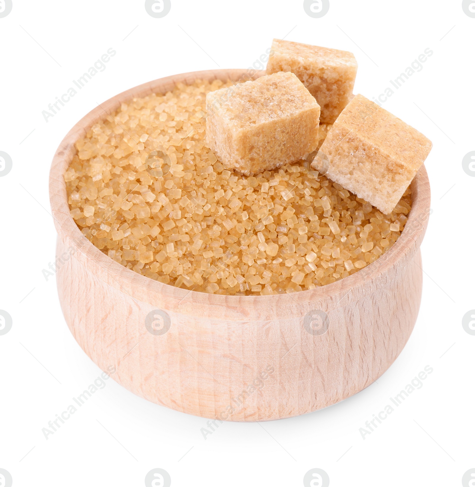 Photo of Different types of brown sugar in bowl isolated on white