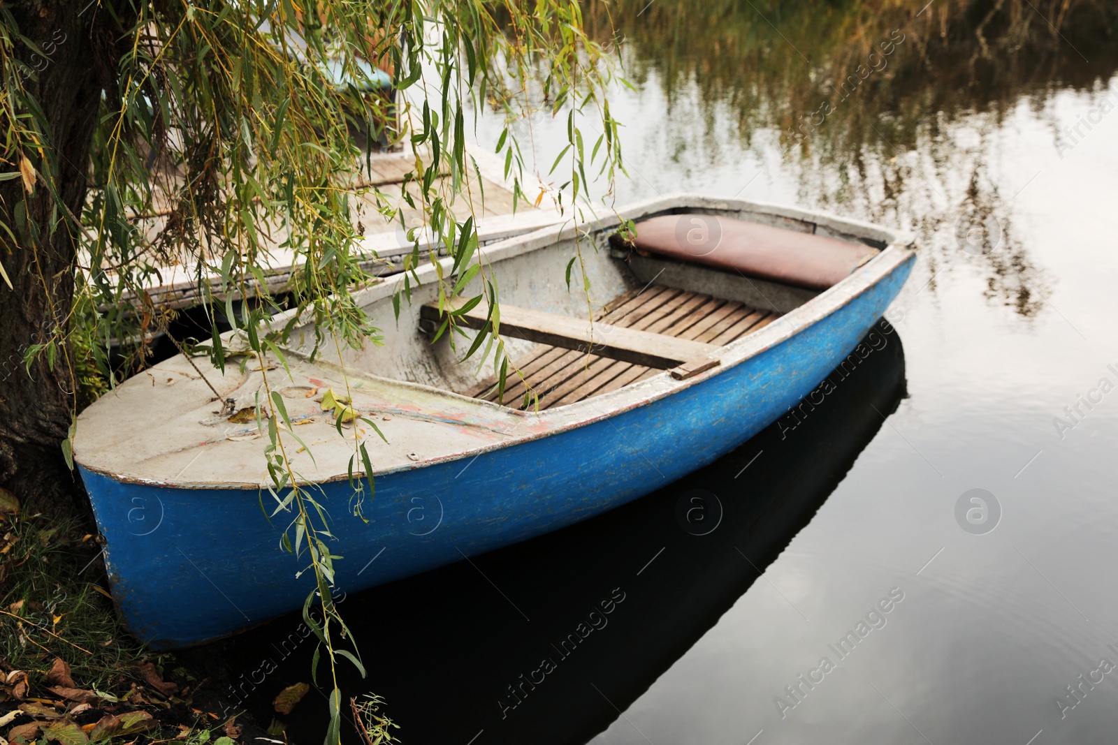 Photo of Light blue wooden boat on lake near pier