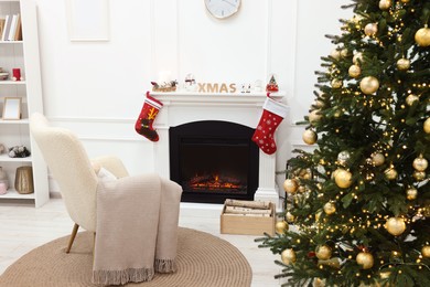 Photo of Living room interior with beautiful Christmas tree and festive decor