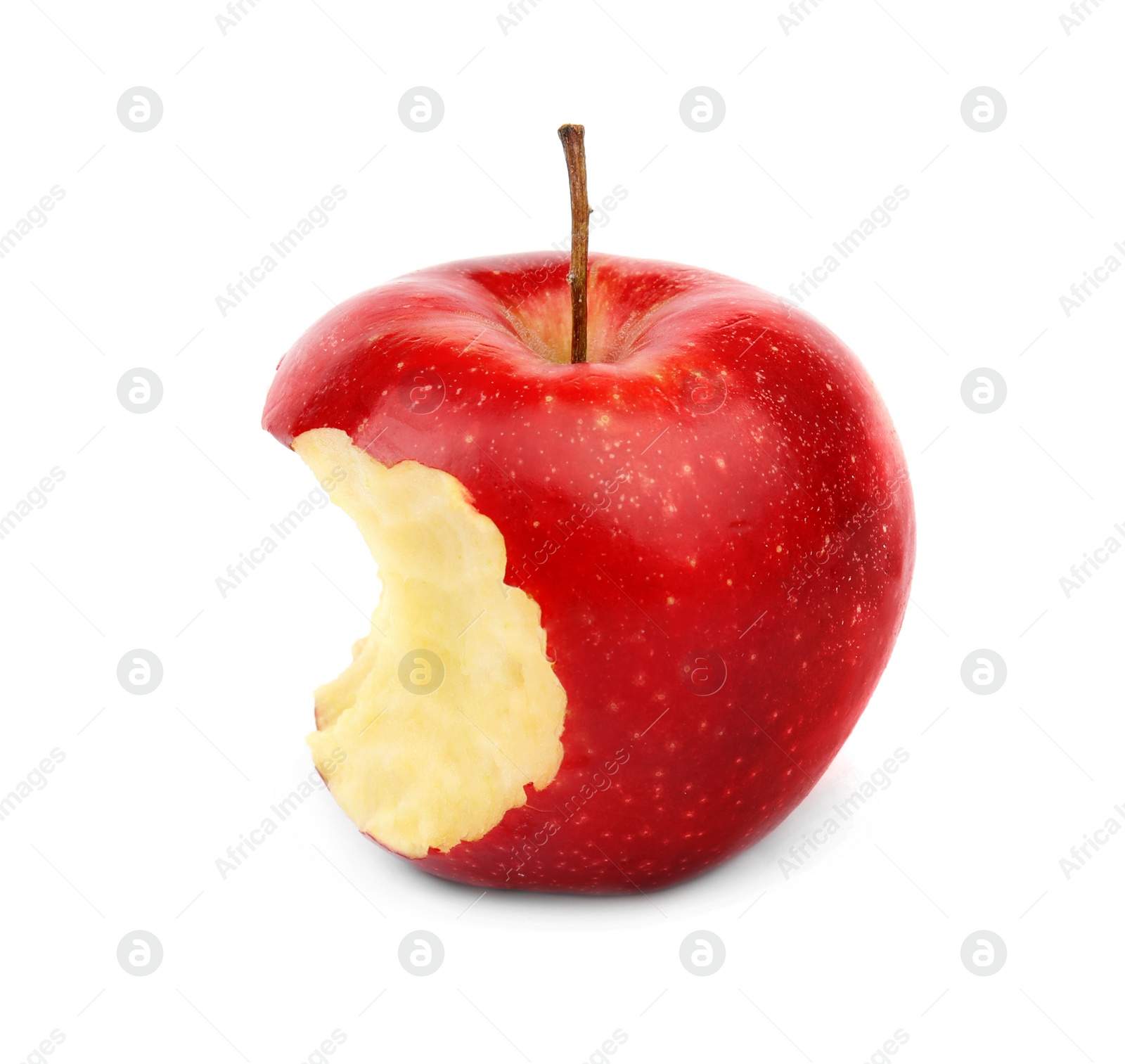 Photo of Ripe juicy red apple with bite mark on white background