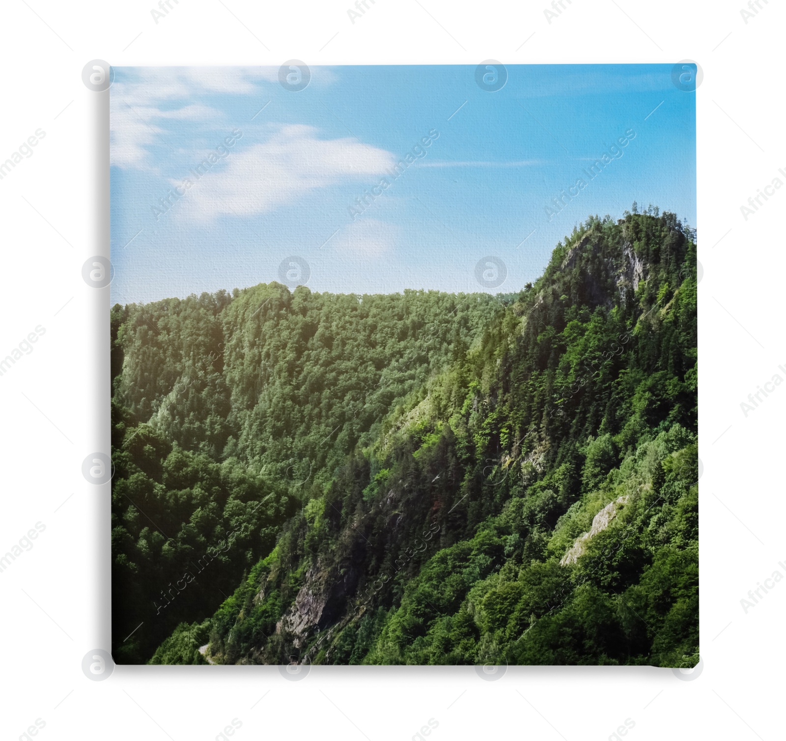 Image of Photo printed on canvas, white background. Picturesque view of beautiful mountains on sunny day