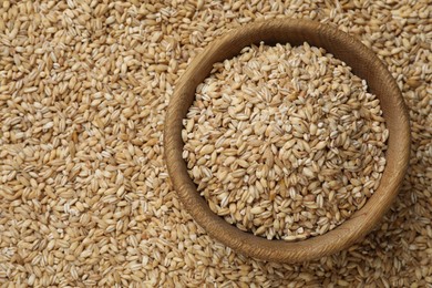 Photo of Pearl barley in bowl on dry grains, top view. Space for text