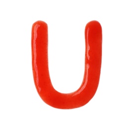 Letter U written with red sauce on white background