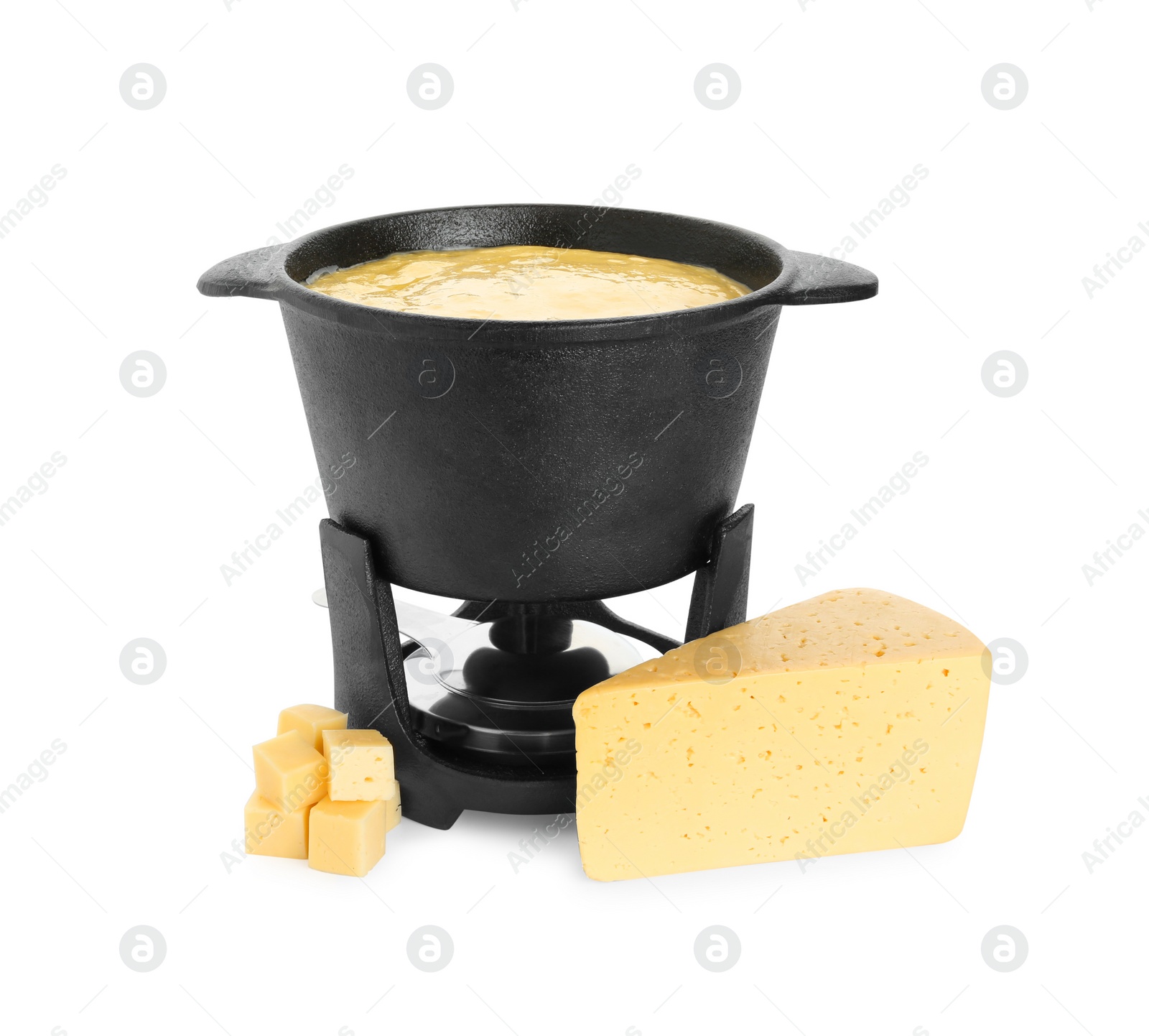 Photo of Fondue with tasty melted cheese and pieces isolated on white