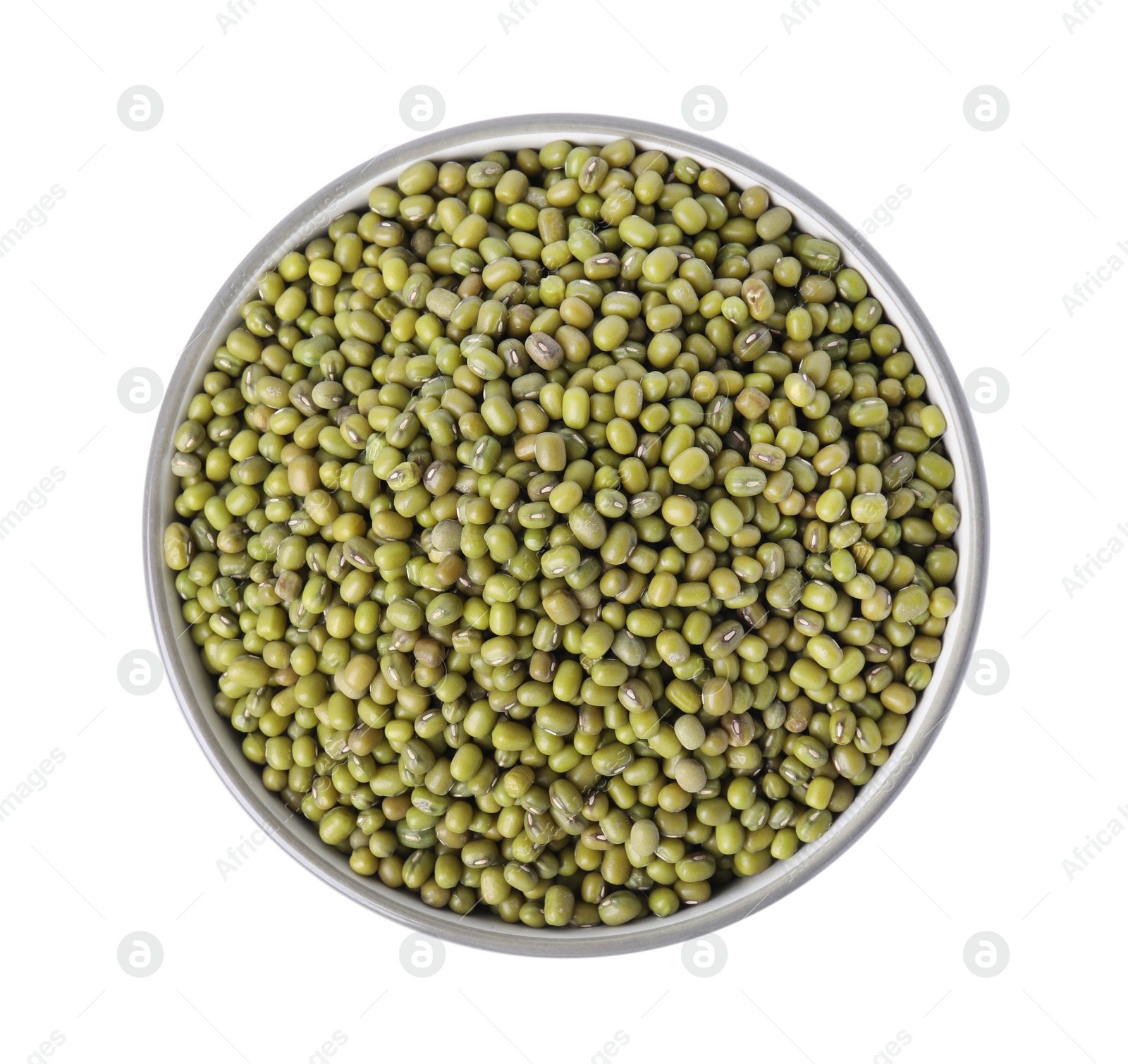 Photo of Bowl with green mung beans isolated on white, top view. Organic grains