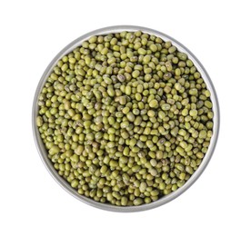 Bowl with green mung beans isolated on white, top view. Organic grains