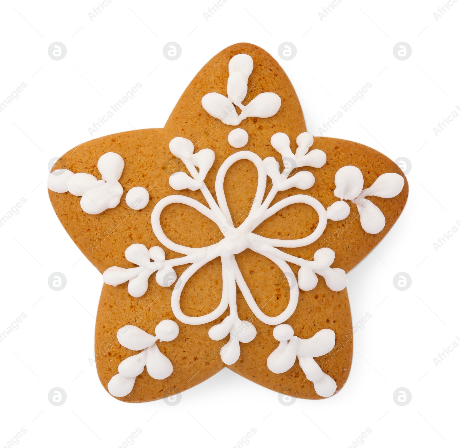 Photo of Tasty star shaped Christmas cookie with icing isolated on white, top view