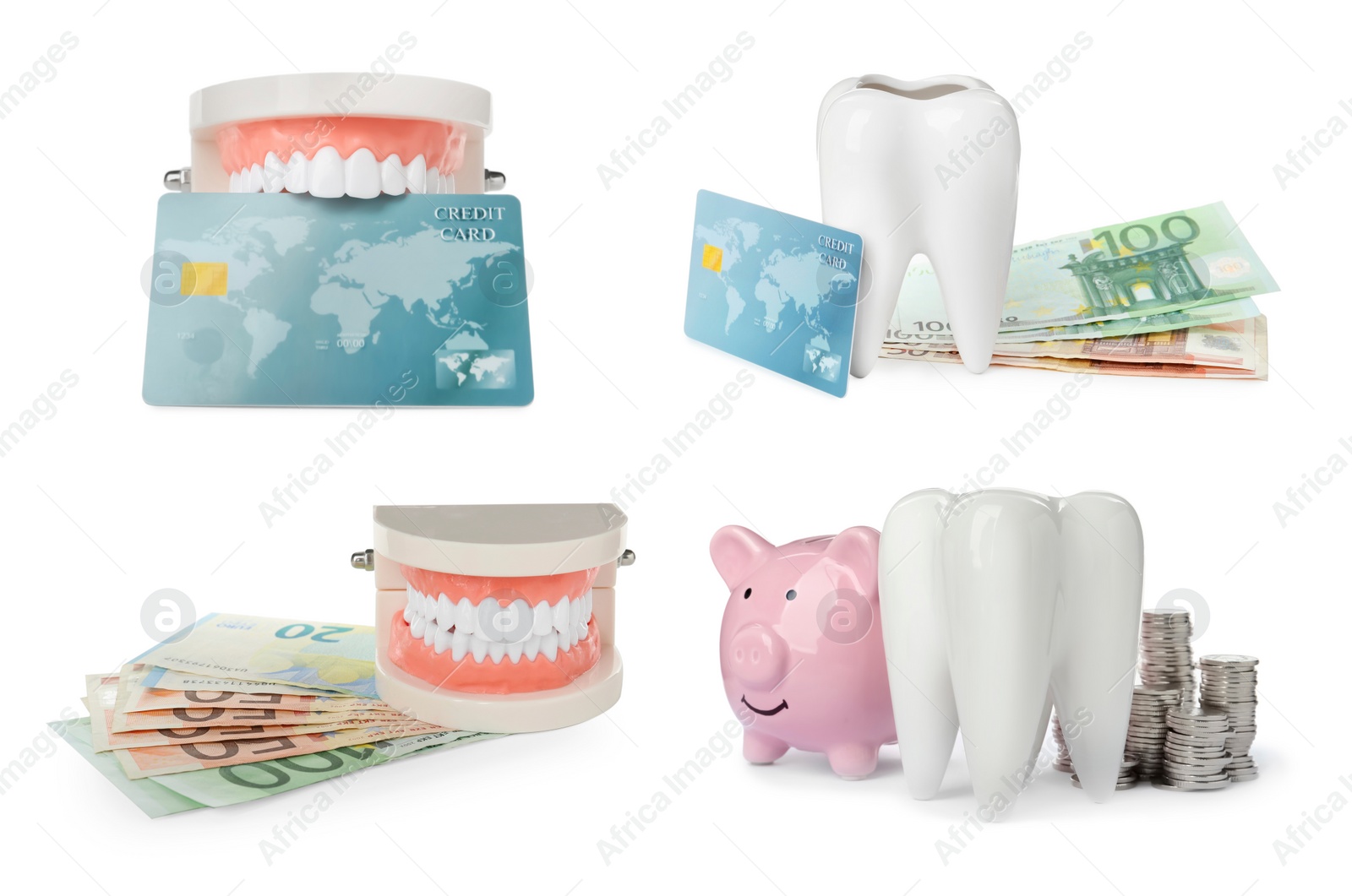 Set with educational dental models and money on white background. Expensive teeth treatment Image of Set with educational dental models and money on white background. Expensive teeth treatment