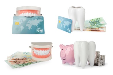 Image of Set with educational dental models and money on white background. Expensive teeth treatment
