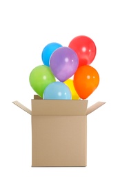 Gift box with bright air balloons on white background