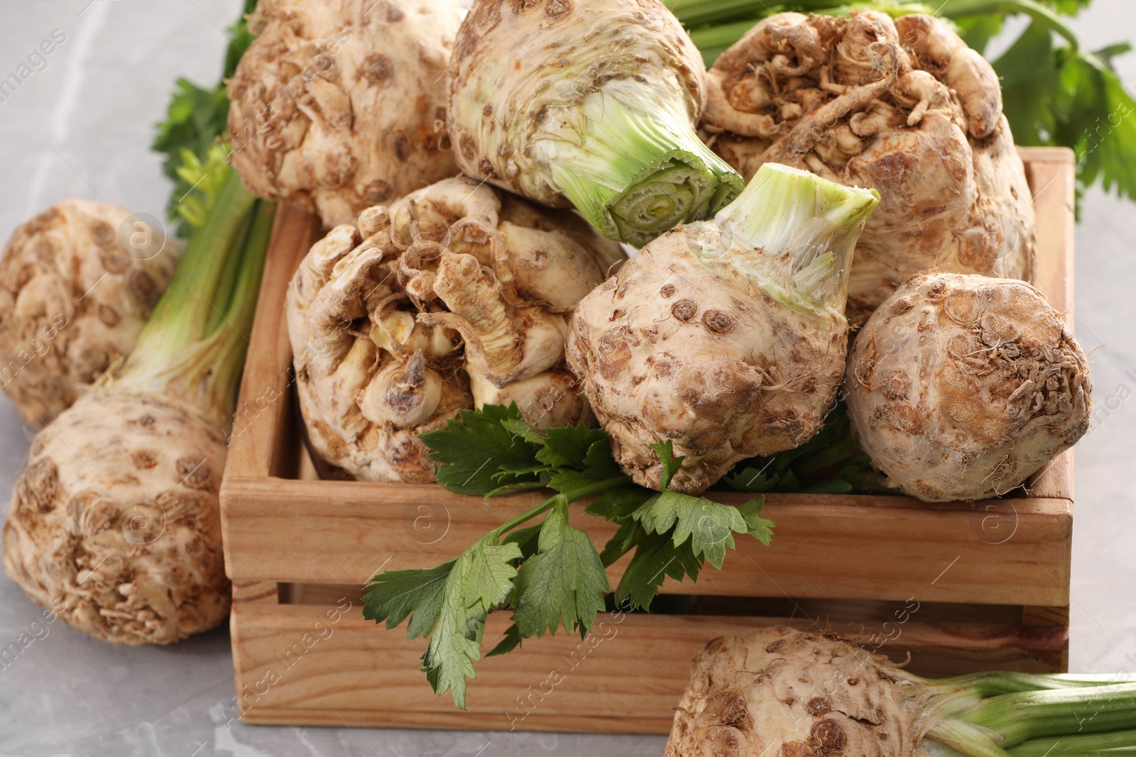 Photo of Fresh raw celery roots and wooden crate on light grey table