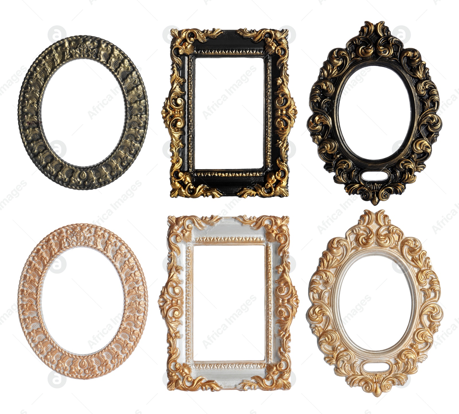 Image of Set of different vintage frames on white background