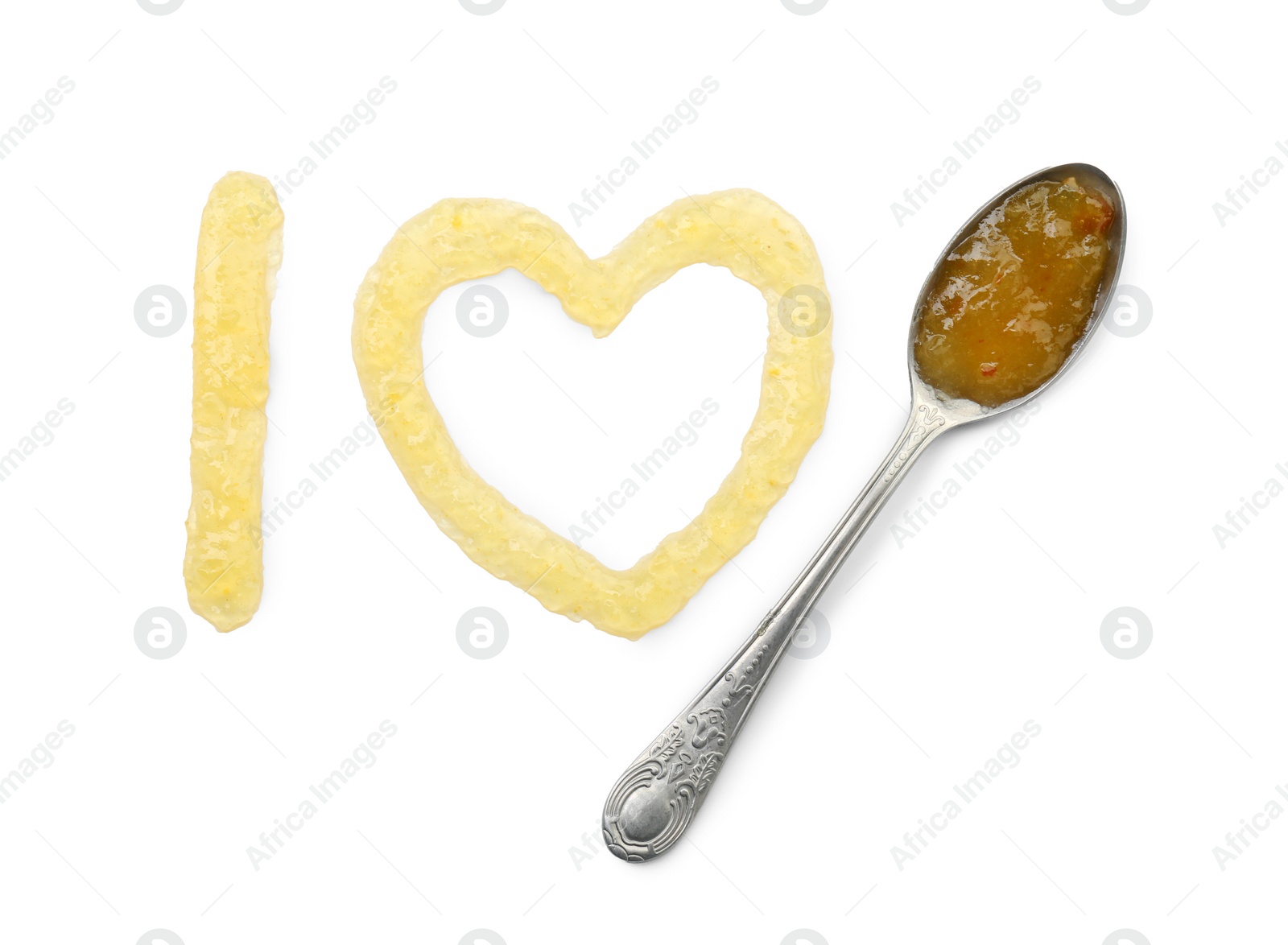 Photo of Letter I, heart made of tasty sweet jam and spoon isolated on white, top view