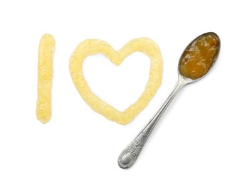 Letter I, heart made of tasty sweet jam and spoon isolated on white, top view