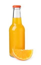 Delicious kombucha in glass bottle and orange isolated on white