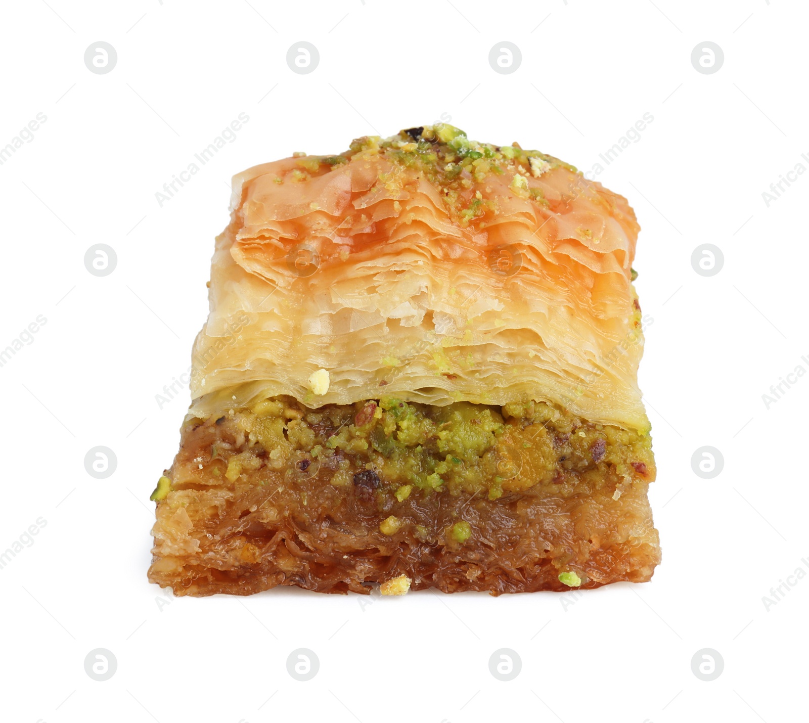 Photo of Piece of delicious fresh baklava with chopped nuts isolated on white. Eastern sweets