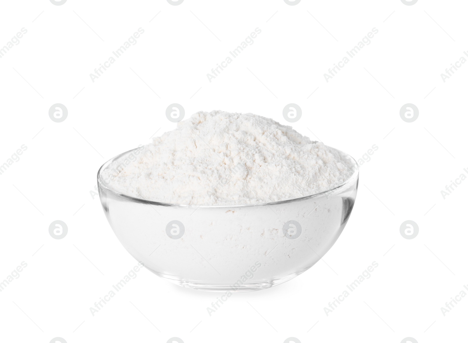 Photo of Fresh flour in glass bowl isolated on white
