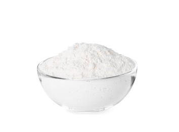 Fresh flour in glass bowl isolated on white