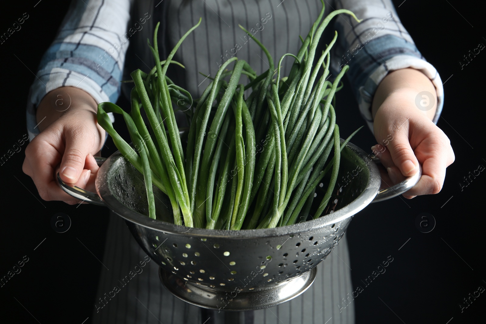 Photo of Woman holding colander with green spring onions on black background, closeup