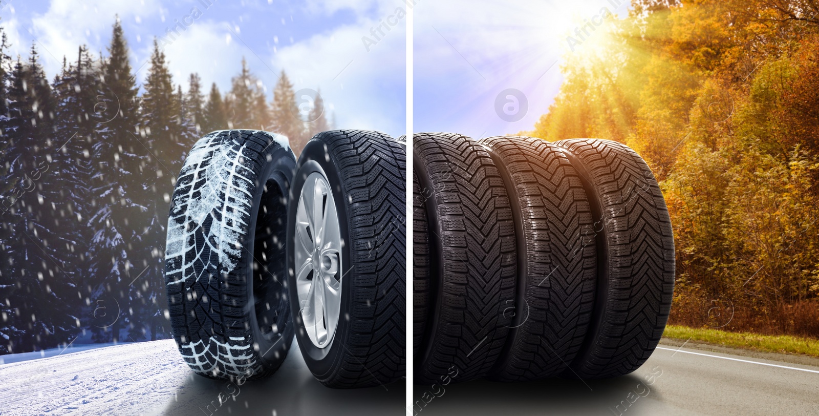 Image of Set of new winter and summer tires on asphalt road, collage. Banner design