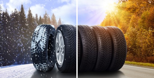 Image of Set of new winter and summer tires on asphalt road, collage. Banner design