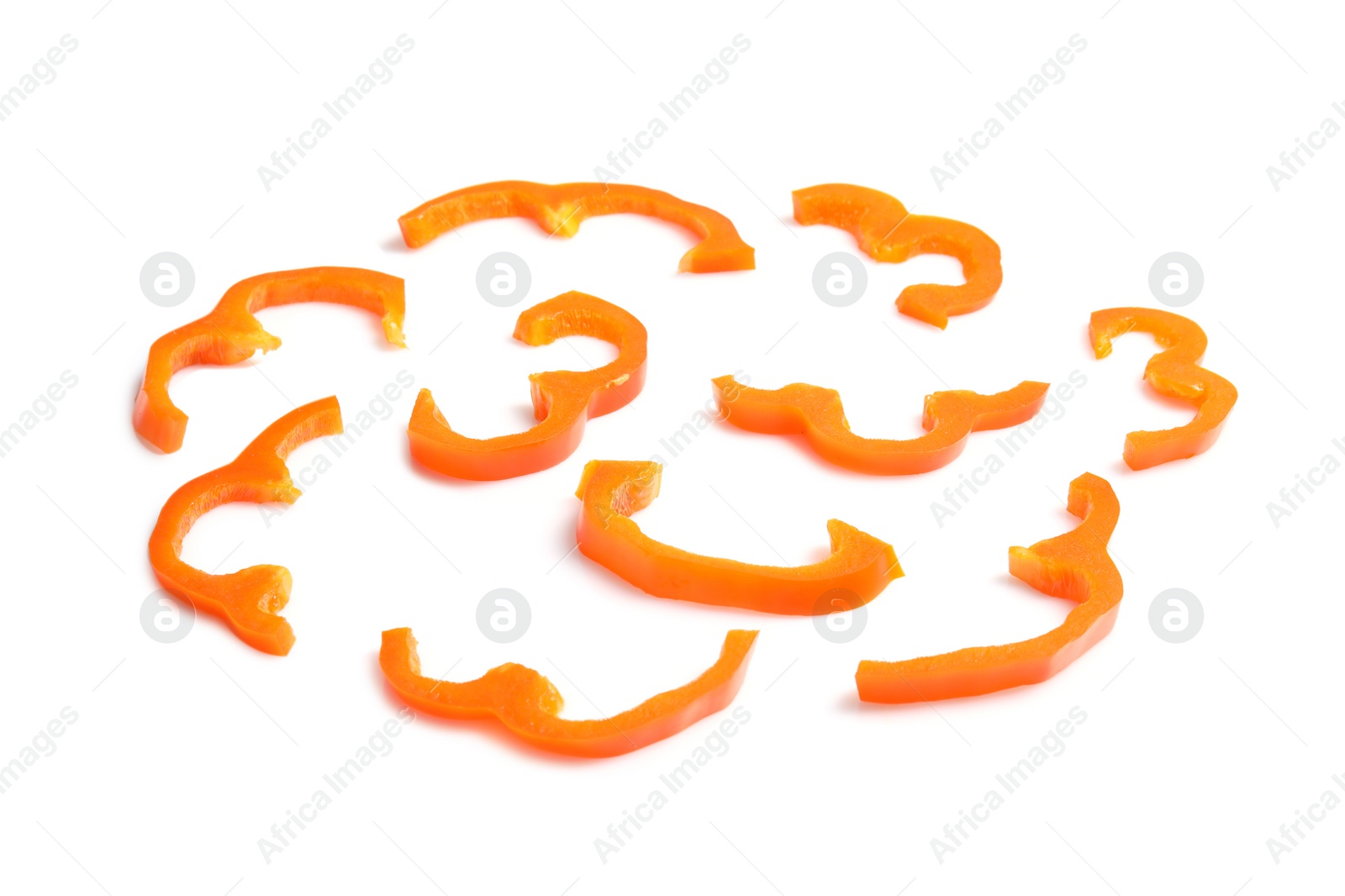 Photo of Slices of ripe bell pepper as layer for pizza on white background