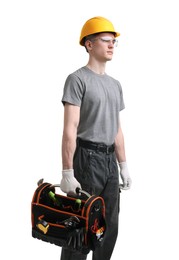 Professional repairman with tool box on white background