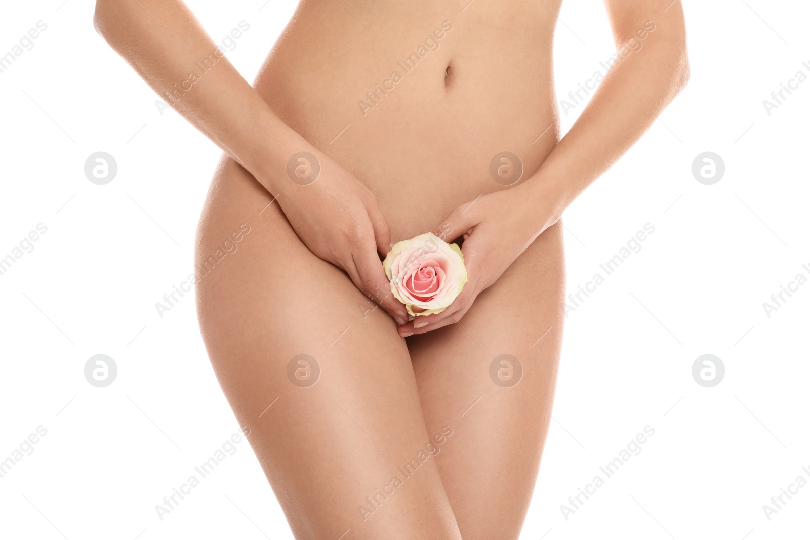 Photo of Woman with rose showing smooth skin on white background, closeup. Brazilian bikini epilation