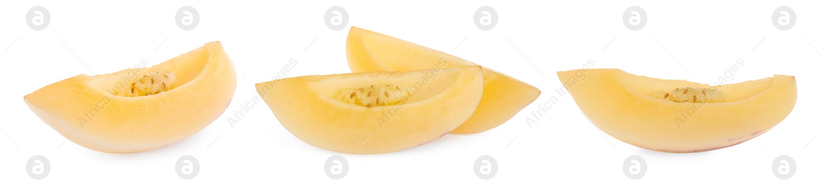 Image of Set with fresh cut pepino fruits on white background. Banner design