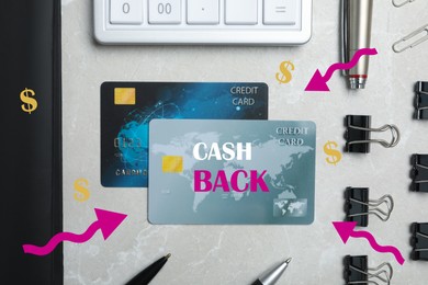 Image of Flat lay composition with cashback credit cards, calculator and stationery on light grey marble background