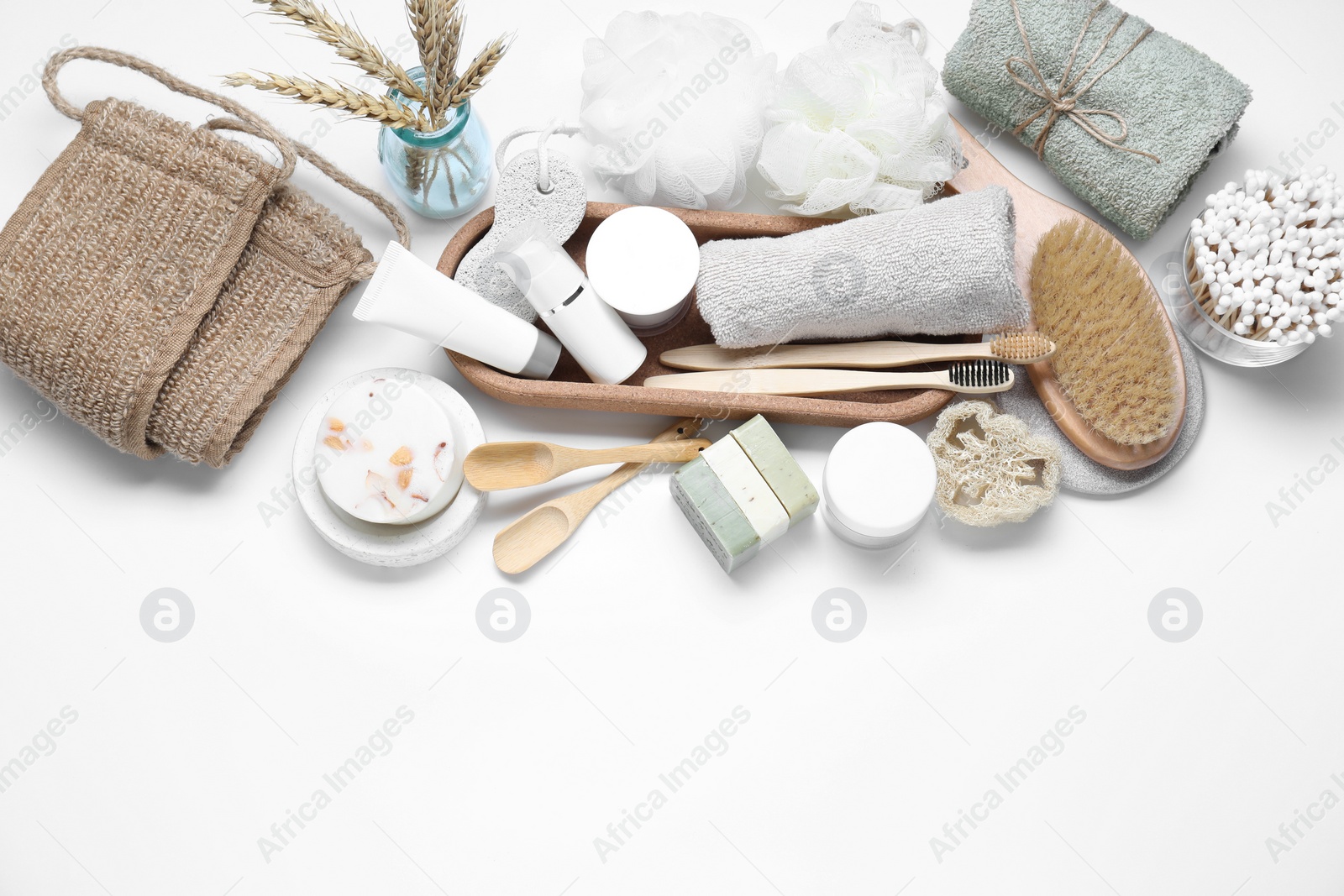 Photo of Bath accessories. Flat lay composition with personal care products on white background, space for text