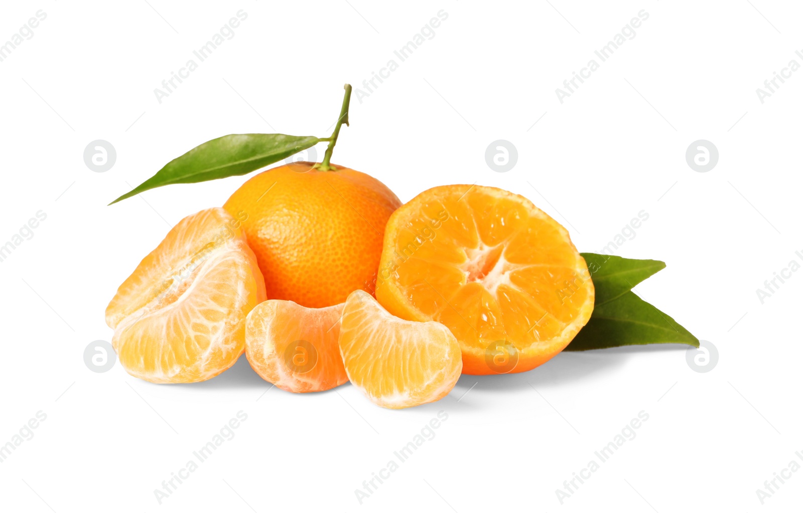 Photo of Fresh ripe juicy tangerines with green leaves isolated on white