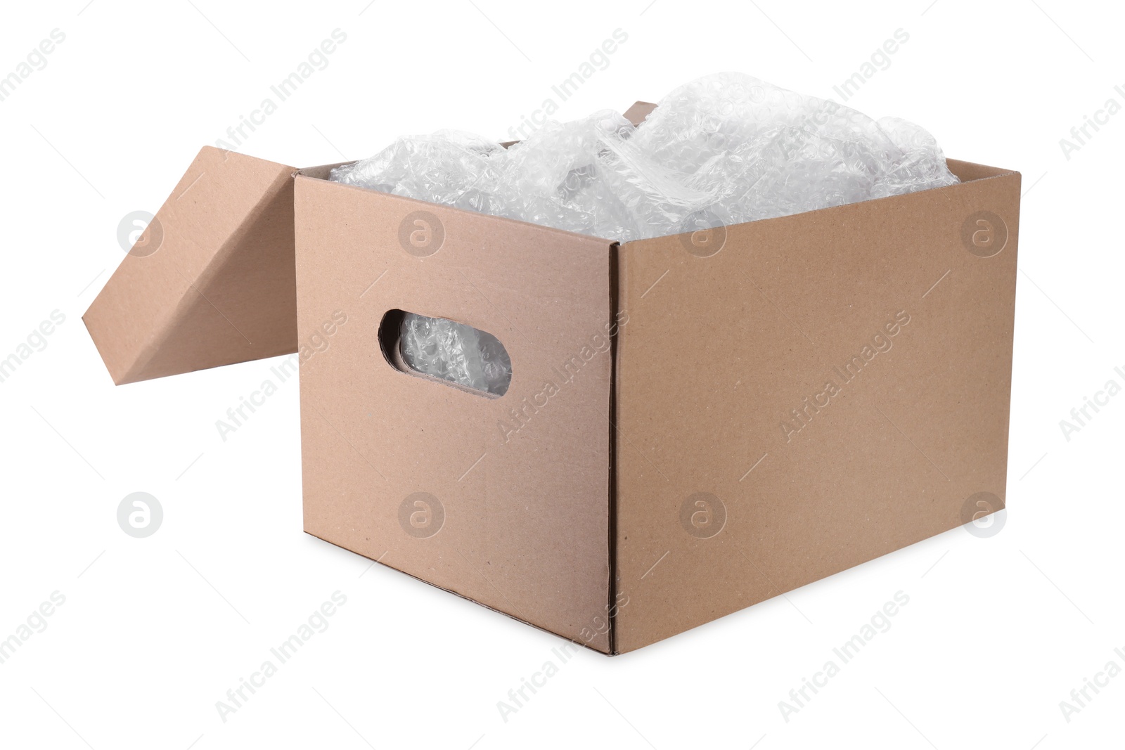 Photo of Transparent bubble wrap in cardboard box isolated on white