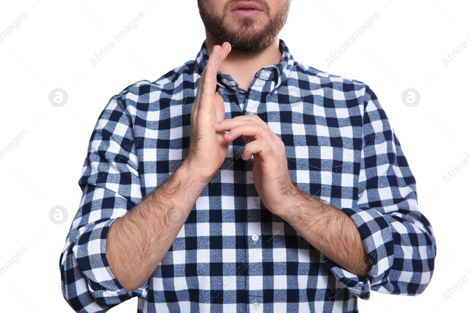 Photo of Man showing JESUS in sign language on white background, closeup