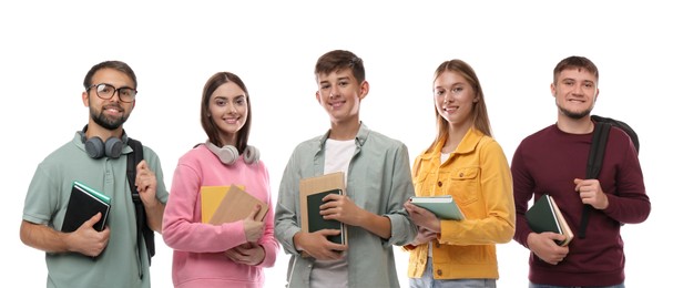 Group of happy students on white background