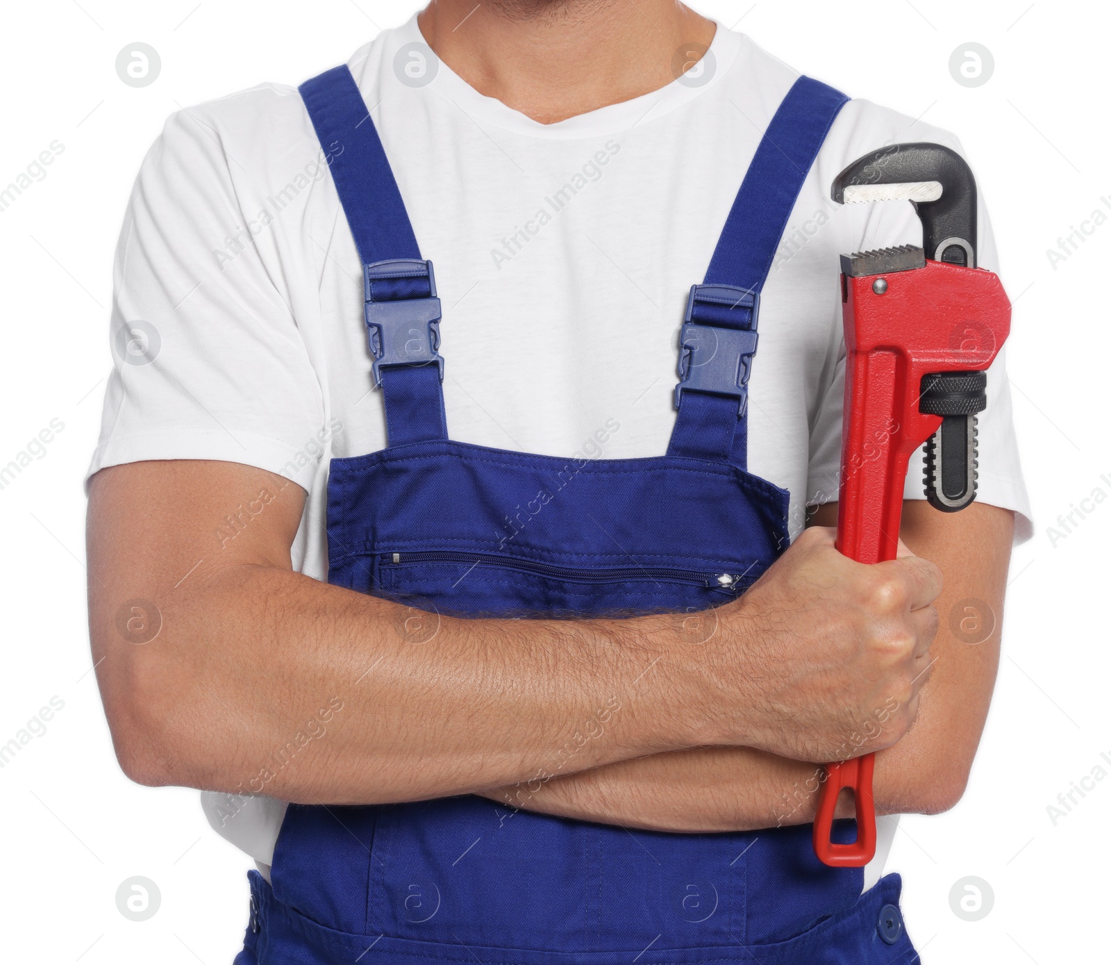 Photo of Professional plumber with pipe wrench and on white background, closeup