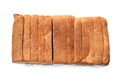 Photo of Pieces of fresh toast bread isolated on white, top view