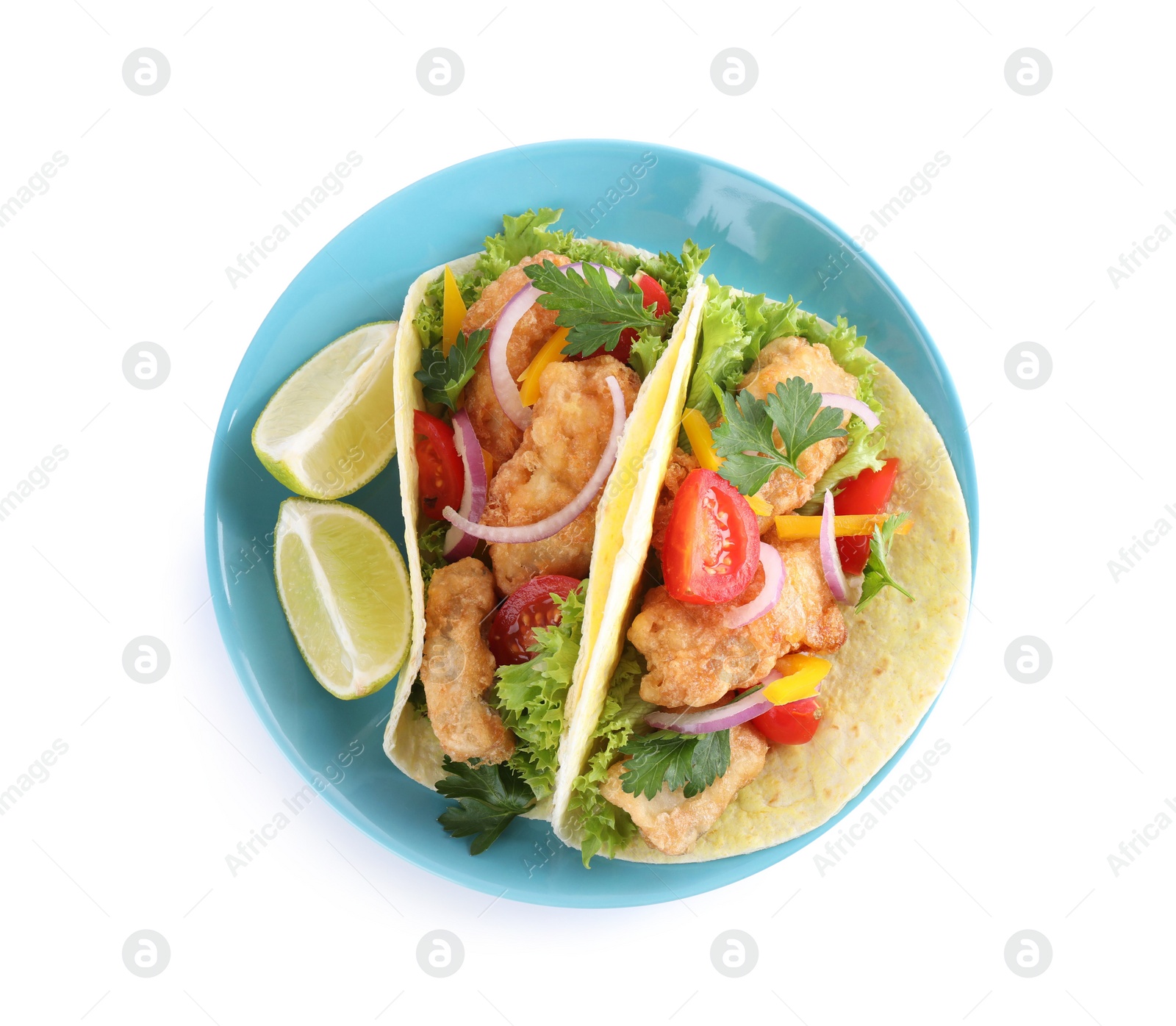 Photo of Yummy fish tacos isolated on white, top view