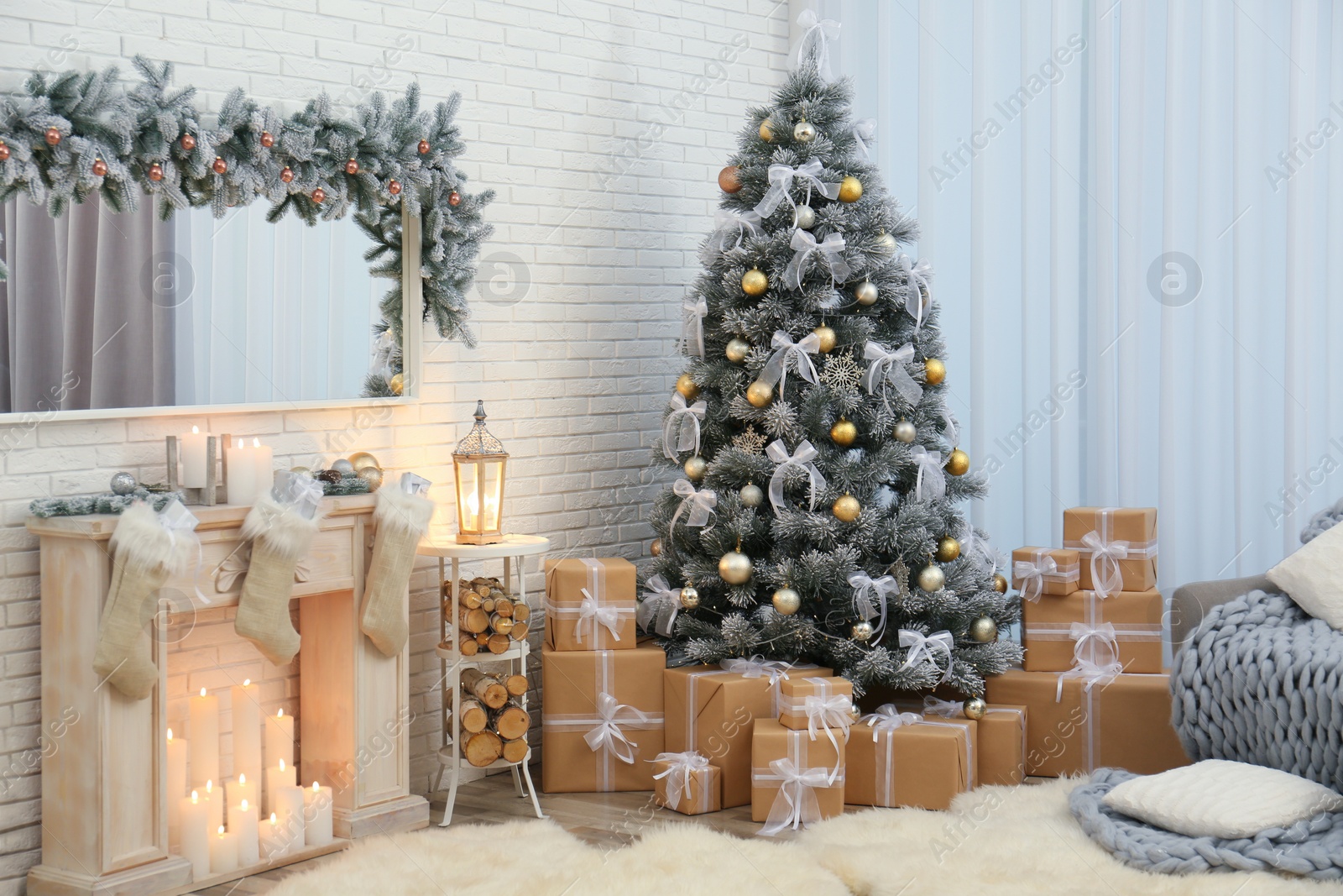 Photo of Decorated Christmas tree in modern living room interior