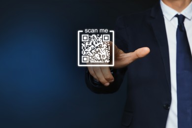 Image of Man pointing at illustration of QR code on dark blue background, closeup