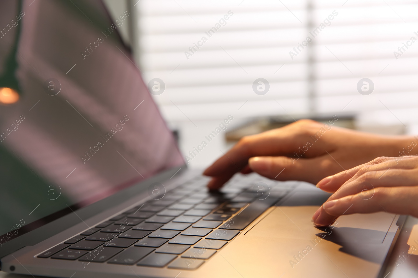 Photo of Woman working with modern laptop indoors, closeup